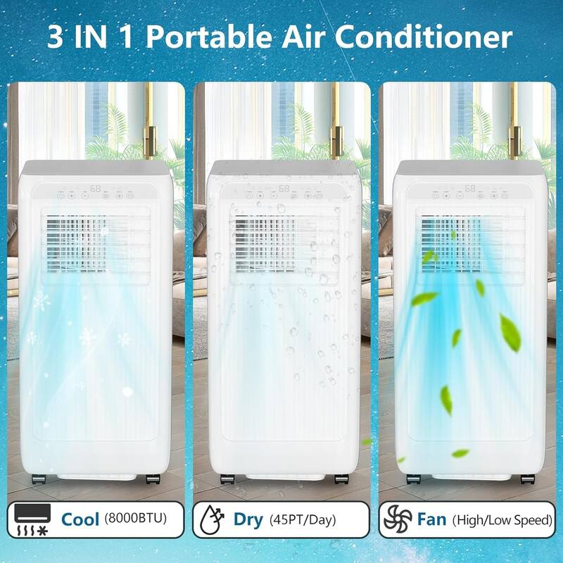 8000 BTU Portable Air Conditioner, 3 In 1 AC Unit for 350 Sq.Ft