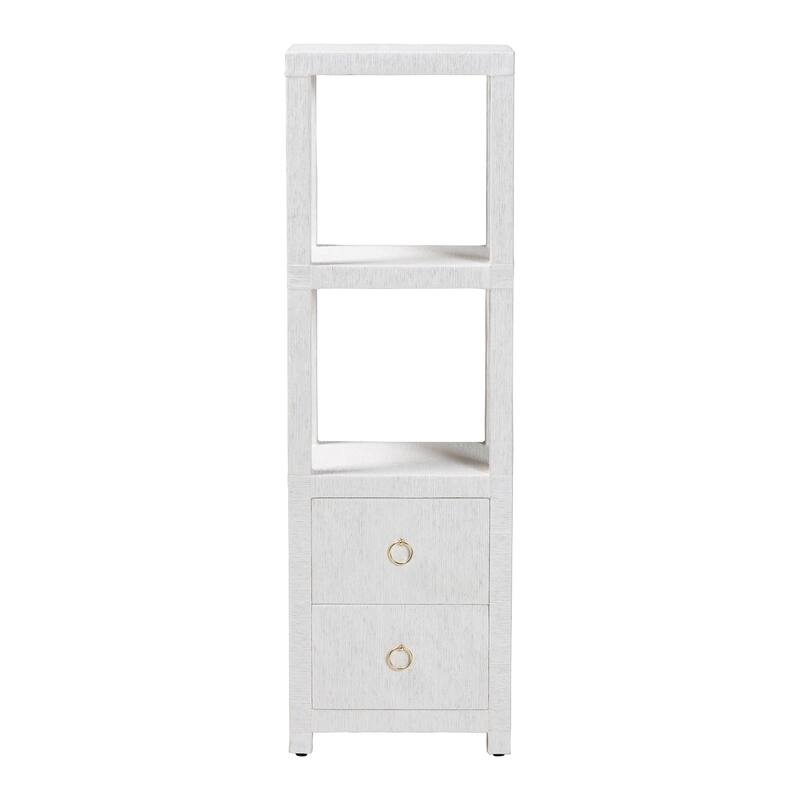 Xavier Grasscloth Tall Storage Cabinet - Woven Accent Tower Bookcase with Open Shelves and Drawers, Space-Saving Organizer