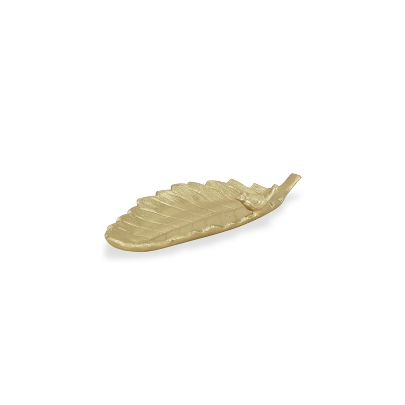 HomeRoots 10" Gold Cast Iron Leaf Vanity Tray - 9.50 in. x 1.50 in. x 4.00 in.