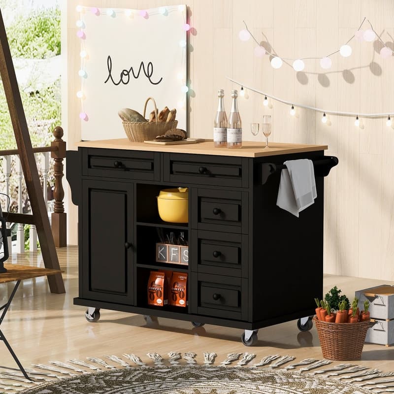 53-Inch Width kitchen Island cart with storage and 5 draws - Black