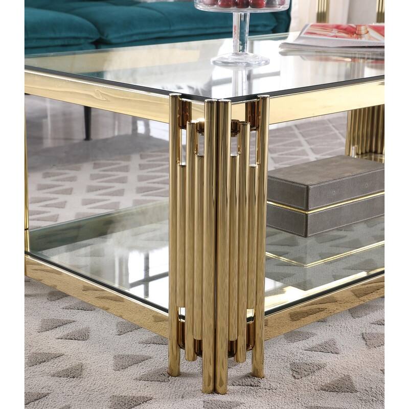 20" Wide Square End Table with Glass Top and Golden Stainless Steel Base