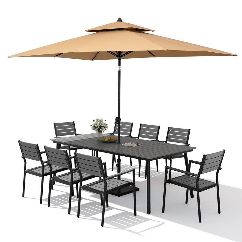 11PC Outdoor Patio Dining Set WoodLike Aluminum Umbrella Hole Table with Stackable Armchairs,Double Top Market Umbrella and Base