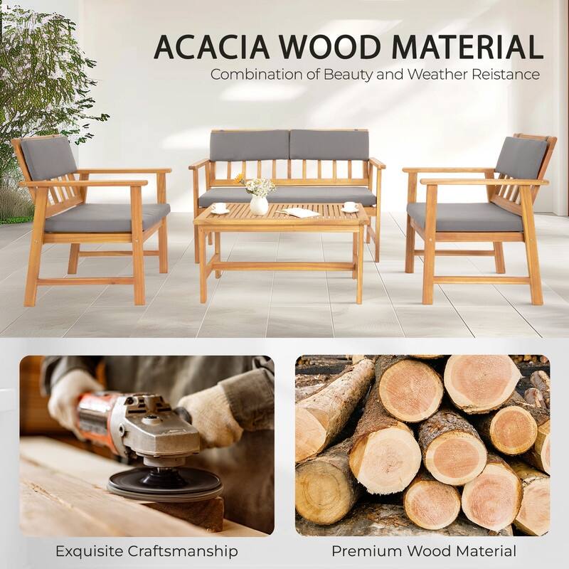 4 Piece Outdoor Patio Conversation Set with Soft Cushions and Coffee Table