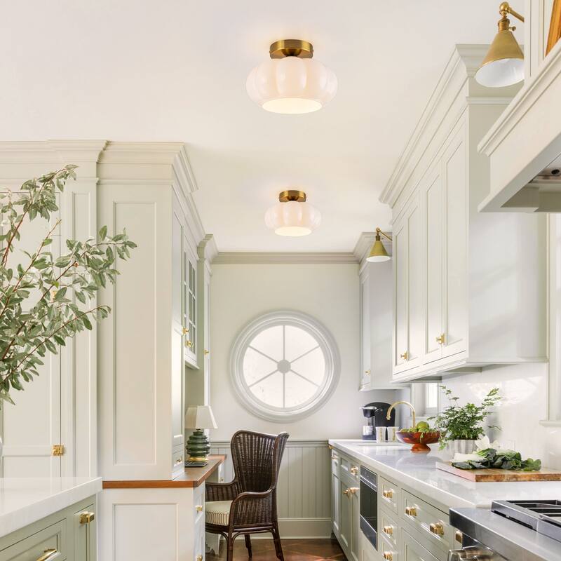 Contemporary 1-Light Dome Ceiling Light with Opal Glass Shape - Brass - 9.8" W × 6.5" H