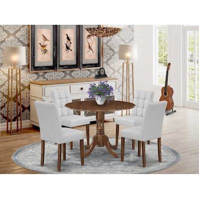 Modern 5 Piece Dining Set - Round Table with Dropleaf & 4 Chairs - Walnut Finish