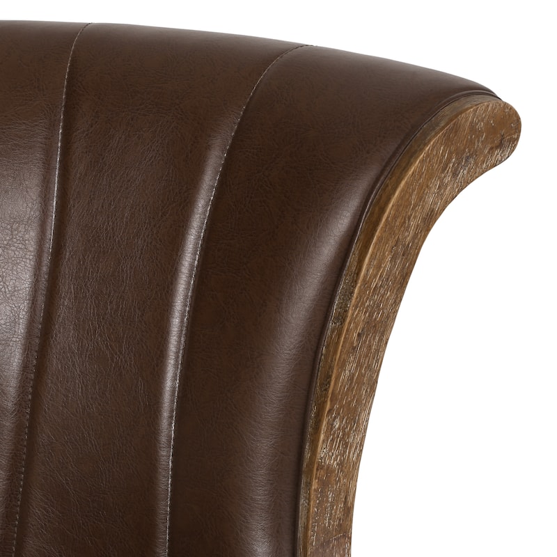 Roomfitters Contemporary Swivel & Lift Office Chair with Adjustable Height, Brown Faux Leather & Weathered Rubberwood Frame