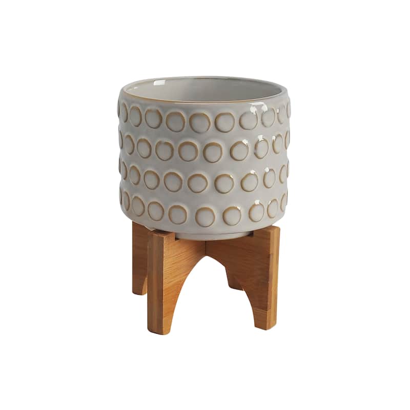 Sagebrook Home Ceramic Planters: Elevate Your Greenery with Stylish Bamboo Wood Stands - Perfect Home Decor Accessory