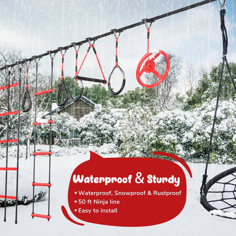 50 ft Ninja Warrior Obstacle Course for Kids with Tree Swing Set, Tree Jungle Gym Outdoor Playset for Backyard