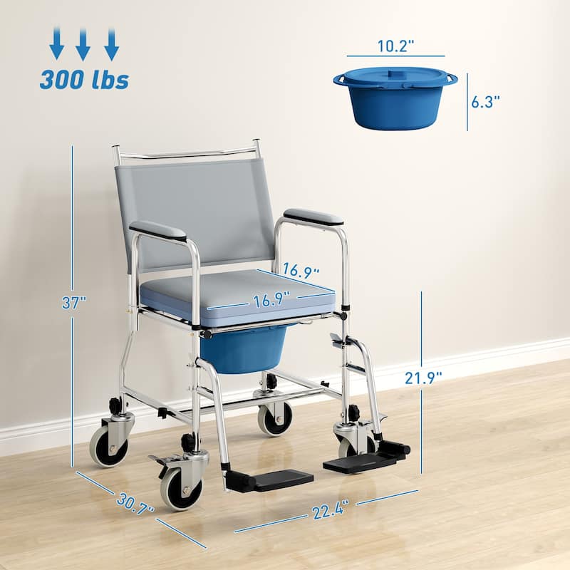 HOMCOM Rolling Shower Chair with Wheels, Bedside Commode Wheelchair with Padded Seat, Backrest, for Handicap