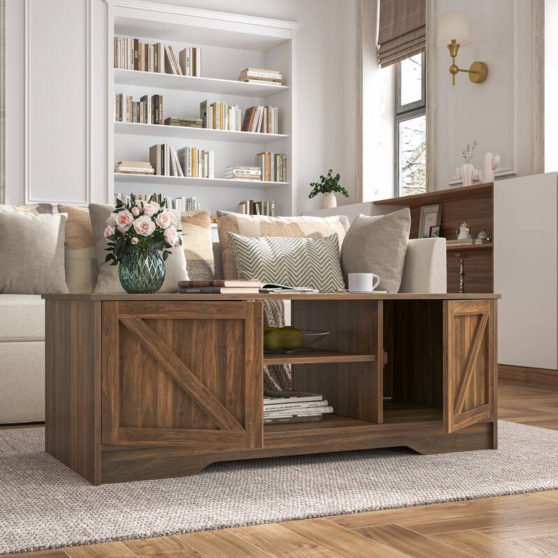 47" Rustic Farmhouse Coffee Table with Storage & Sliding Doors