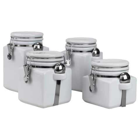 Home Basics Easy Grip 4 Piece Ceramic Canisters with Spoons, White