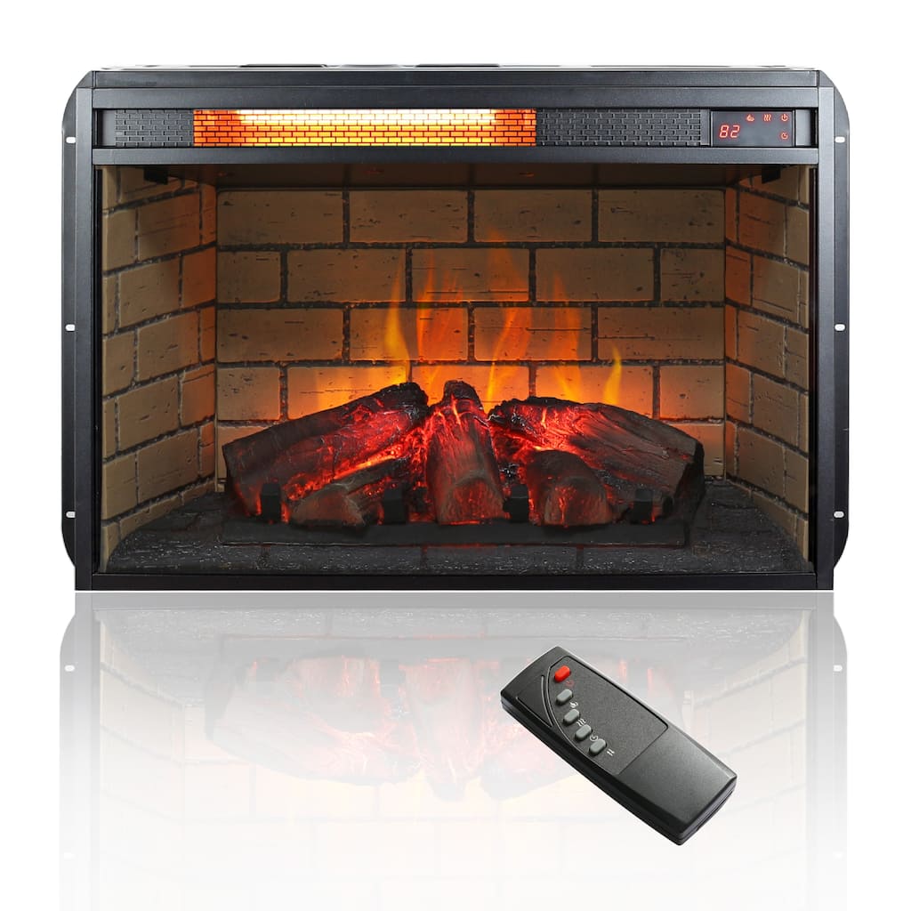 26" Electric Fireplace Insert with Infrared Quartz Heater, Adjustable Flame Brightness, and Life-Like Woodlog & Brick Interior