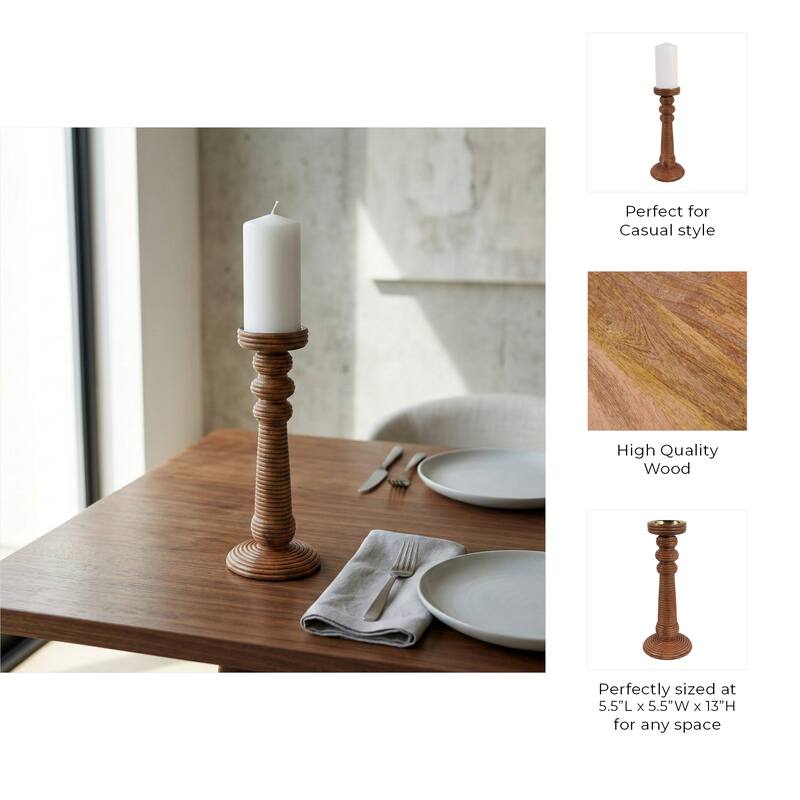 Candle Holder - Brown Mango Wood Ribbed Pillar