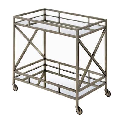 Metal Framed Two Tier Serving Cart with X Shaped Side Panels, Mirrored, Antique Gold