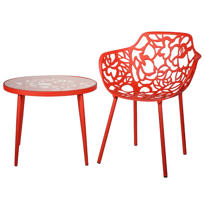 Devon Decorative Modern Floral Cutout Glass Top Patio Coffee Side Table with Aluminum Frame for Indoor Outdoor - 23 x 23