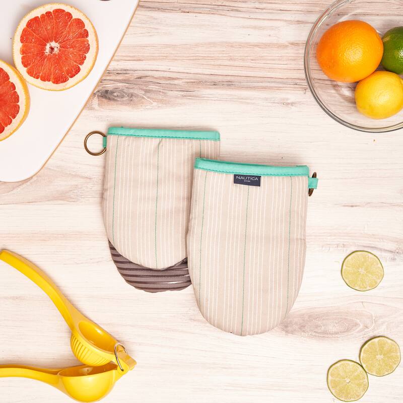 Nautica Home Neutral Striped 100% Cotton Mini Oven Mitt With Silicone Palm (Set of 2)