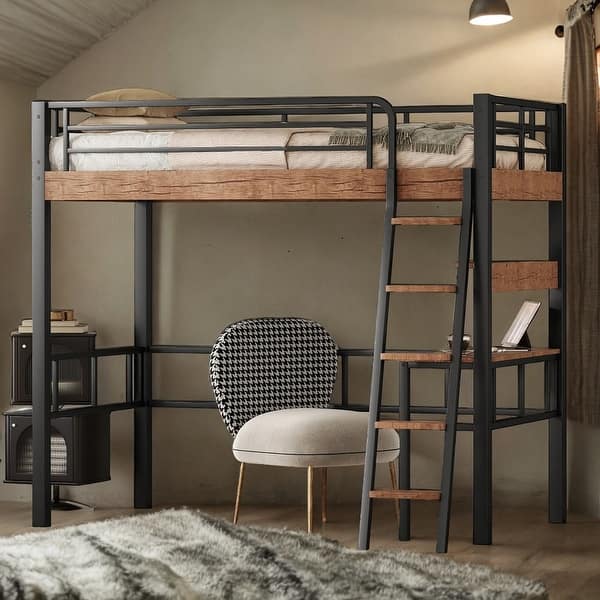 slide 2 of 14, Metal Twin Loft Bed with Built-in Desk, Storage Shelf and Ladder, Black Black