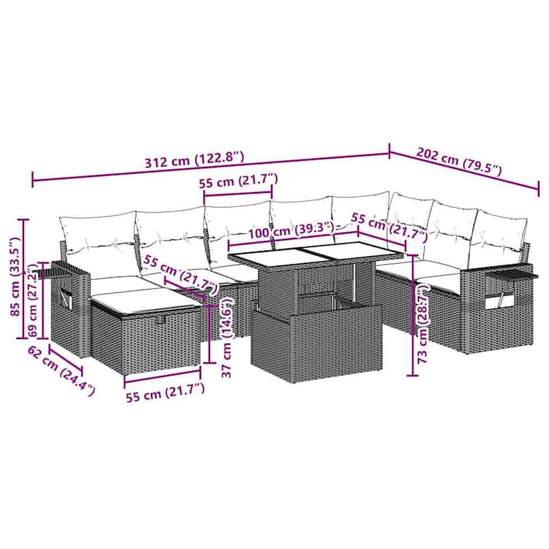 vidaXL Patio Sofa Set with Cushions and Table Outdoor Garden 9 Piece Poly Rattan - 24.4" x 24.4" x 27.2"