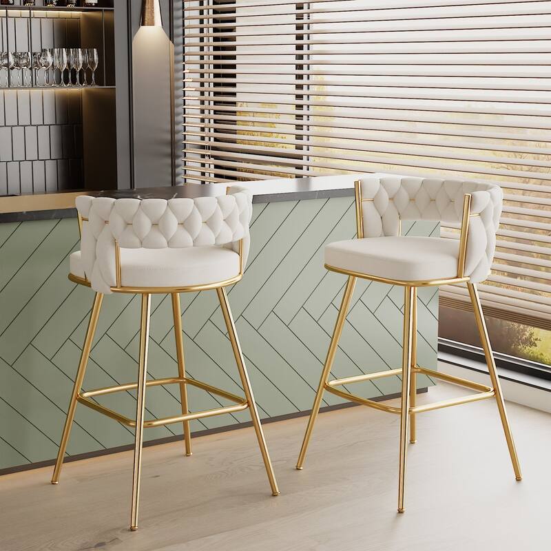 VECELO Counter Height Bar Stools with Woven Backrest 26.77" Seat Height Mid-Century Modern Upholstered Bar Chairs for Kitchen