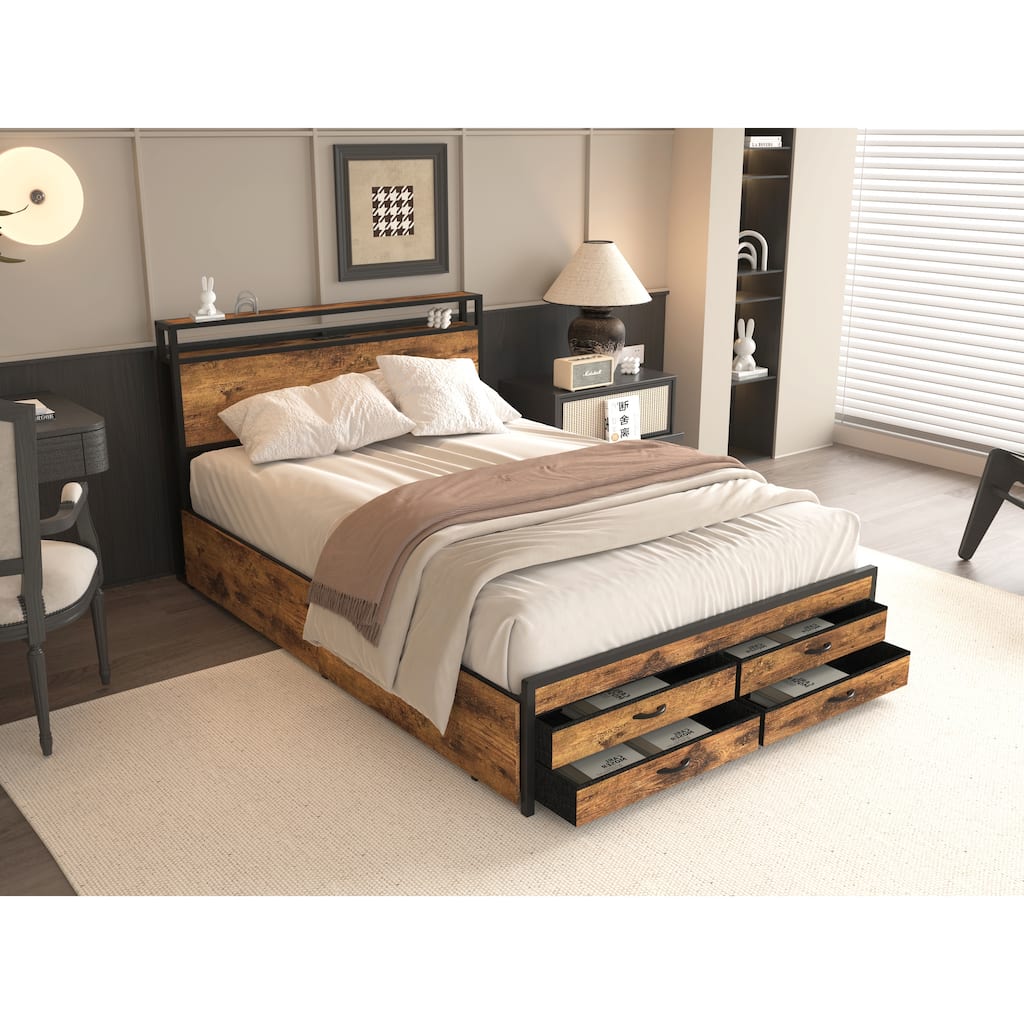 Bed Frame with Storage Drawers, LED Headboard with Charging Station