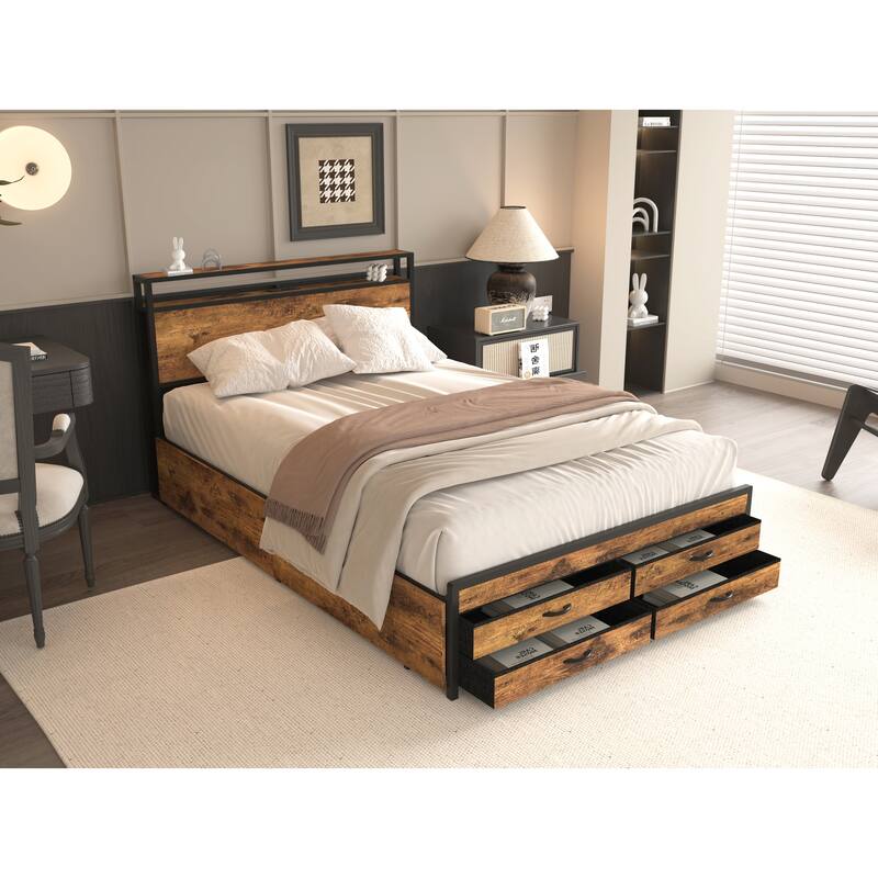 Heavy Duty Metal and Wood Bed Frame, LED Platform Bed Frame with Charging Station and 8 Storage Drawers, No Box Spring Needed