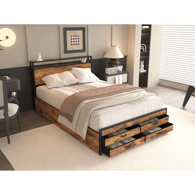 Queen Size Platform Bed with LED Lights And Charging Station 8 Drawers, RGB Headboard Lighting, USB Ports