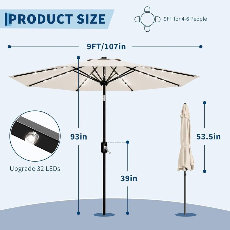 9 FT Outdoor Table Patio Umbrella, Waterproof UV Protection with Solar Lights