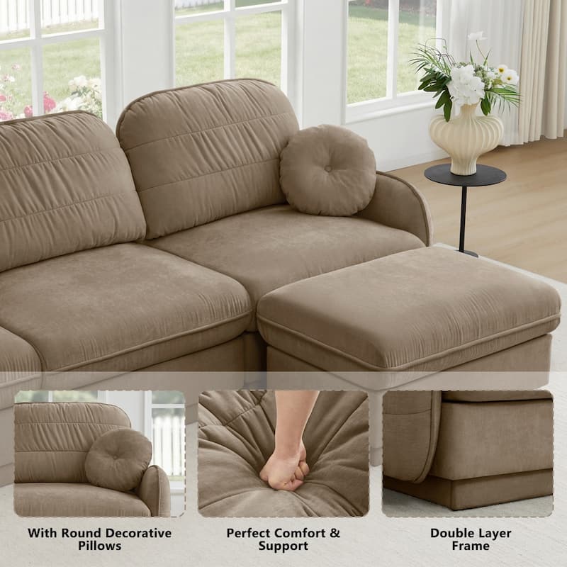 105" Chenille Sectional Sofa with 2 Round Pillows and 2 Movable Ottomans