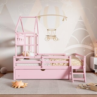 Twin Size House Platform Bed w/ Drawer & Full Length Guardrails, Pink