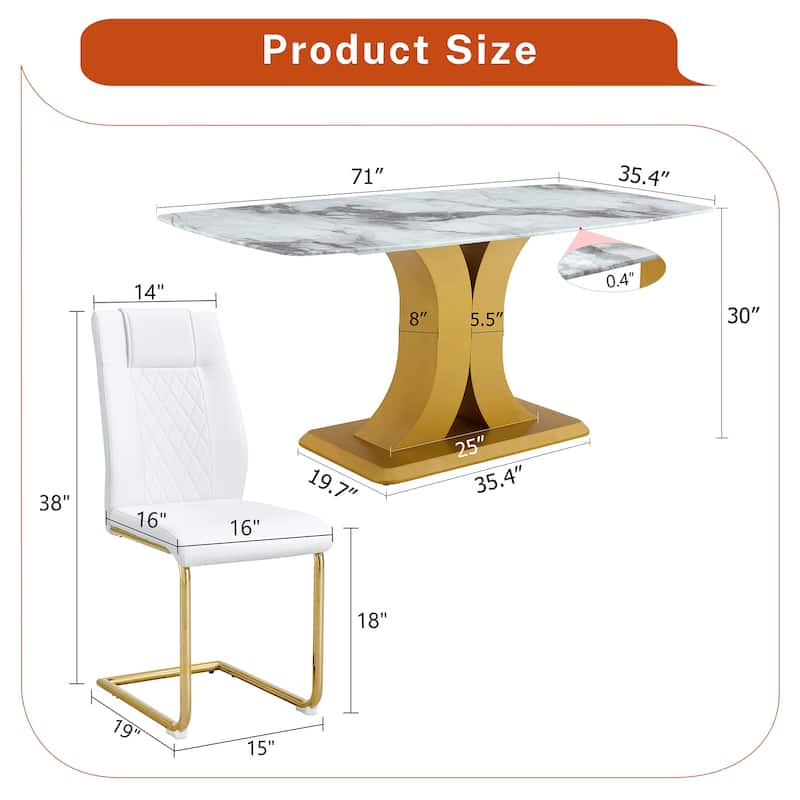 White Leather Dining Chairs with Metal Legs, Dining Table & Chairs Set Dining Table with Gold C-Shaped Legs