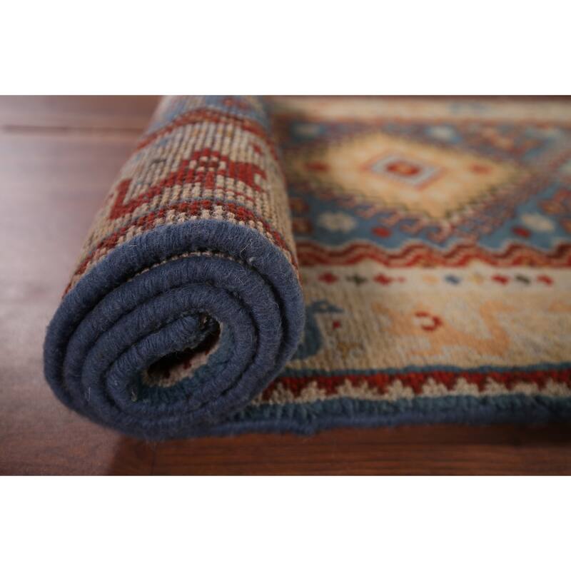 Blue Geometric Kazak Indian Foyer Rug Handmade Wool Carpet - 2'6"x 6'0"