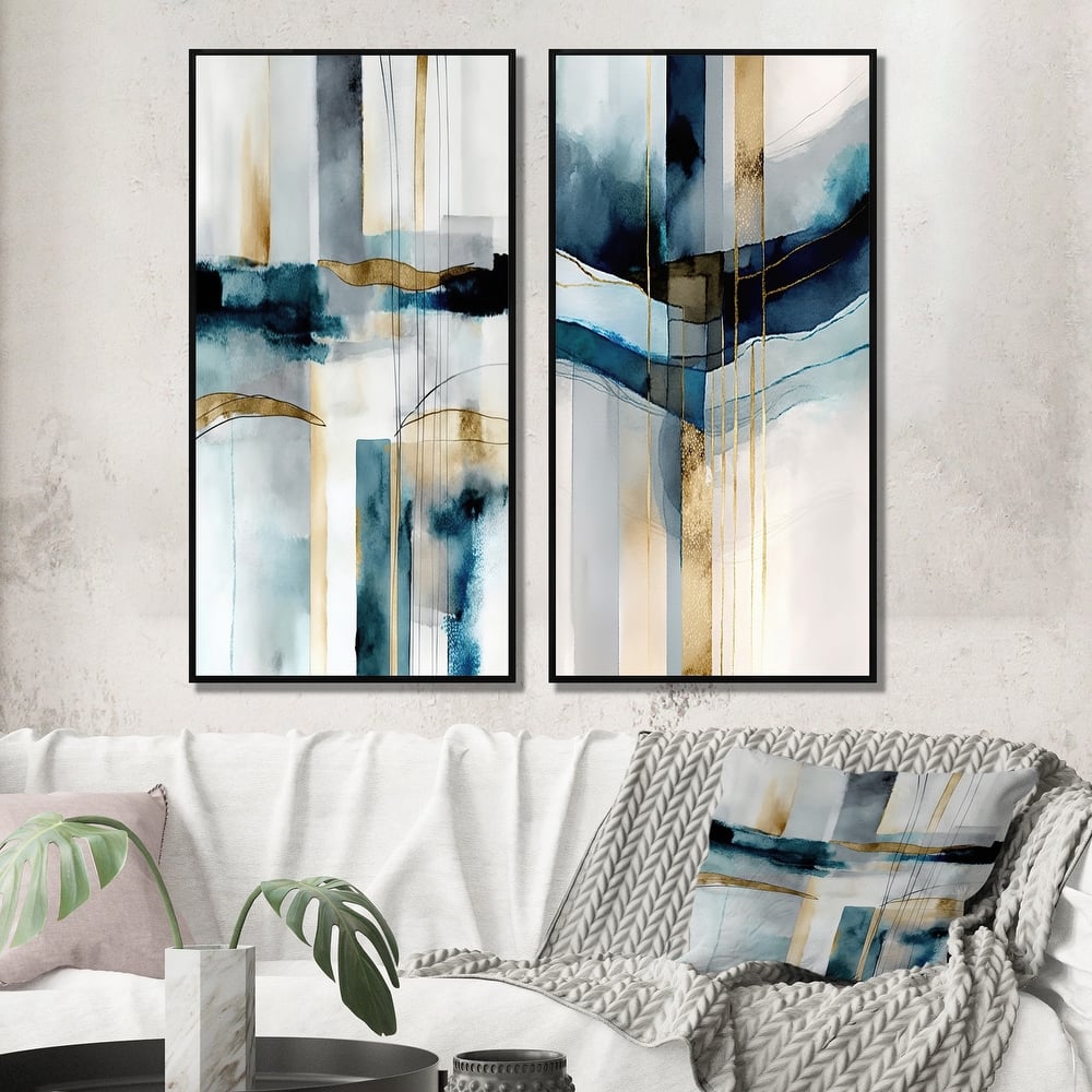 Designart "Abstract Transitional Modern Shapes" Abstract Shapes Framed Wall Art Set Of 2 - Blue Wall Art Set Of 2