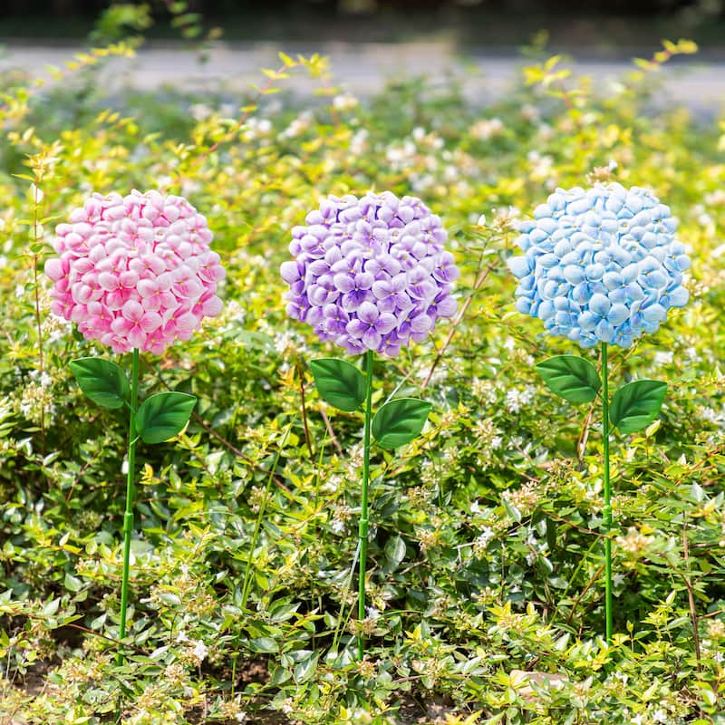 Glitzhome Set of 3 Metal Dimensional Flowers Yardstake Hydrangea Pick Wall Decor