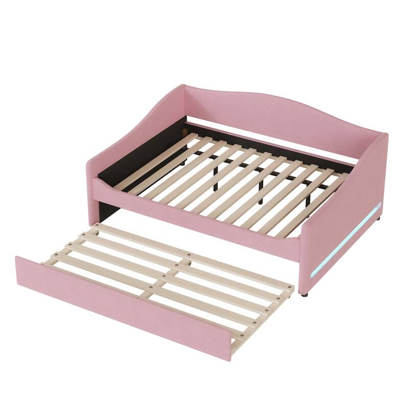 Pink Full Size Upholstered Daybed with Trundle and Light Stripes Design