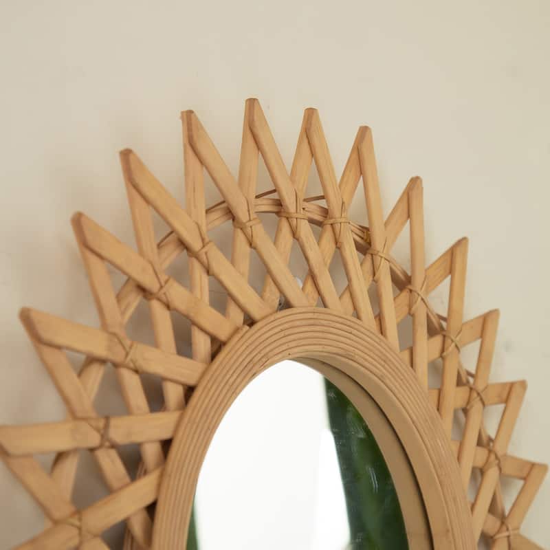 24" Solana Mirror, Wall-mounted Bamboo Artistry Circle Mirror with Hemp, Irregular Shape for Bathroom, Bedroom, Living Room