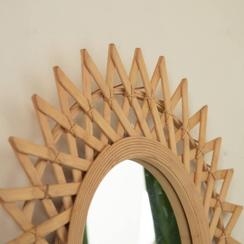 GDFStudio - Solana 24" Wall-Mounted Bamboo Artistry Circle Mirror with Hemp, Irregular Shape