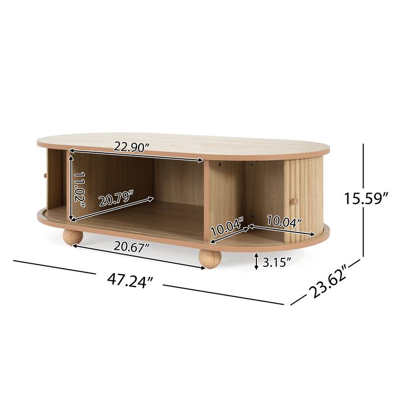 Oval Side Table Storage Table End Table with Shelves, Natural Cocktail Table Sofa Table Center Table