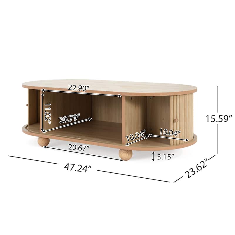 Roomfitters Oval Coffee Table with Slatted Rolling Doors and Hidden Storage Compartments, Modern Wood Center Table, Natural