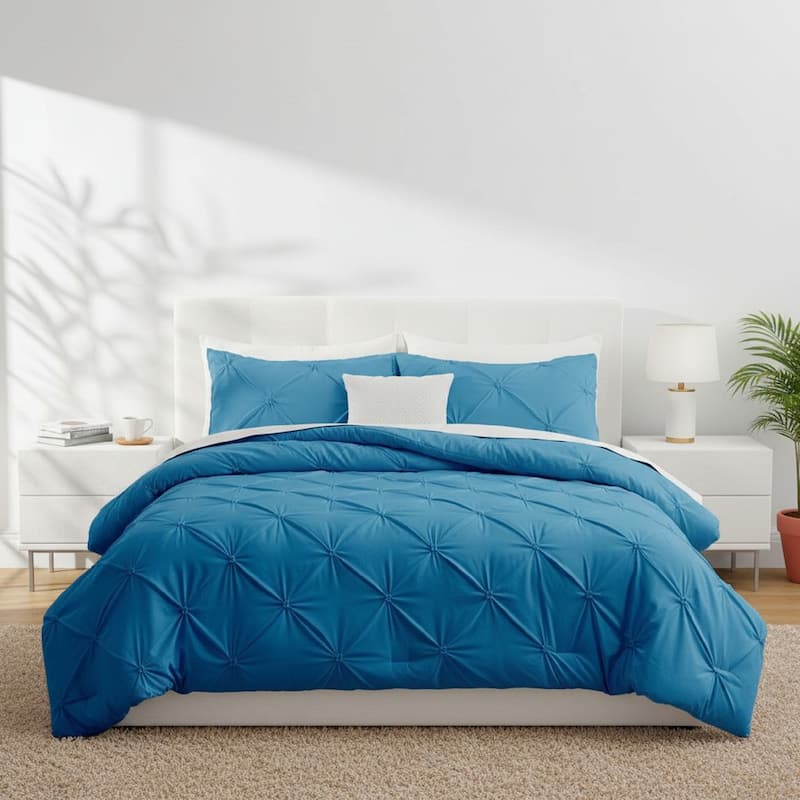 3 Piece Reversible Pintuck Pinch Pleat Bohemia and Tufted Clipped Comforter Set - Twin - Navy