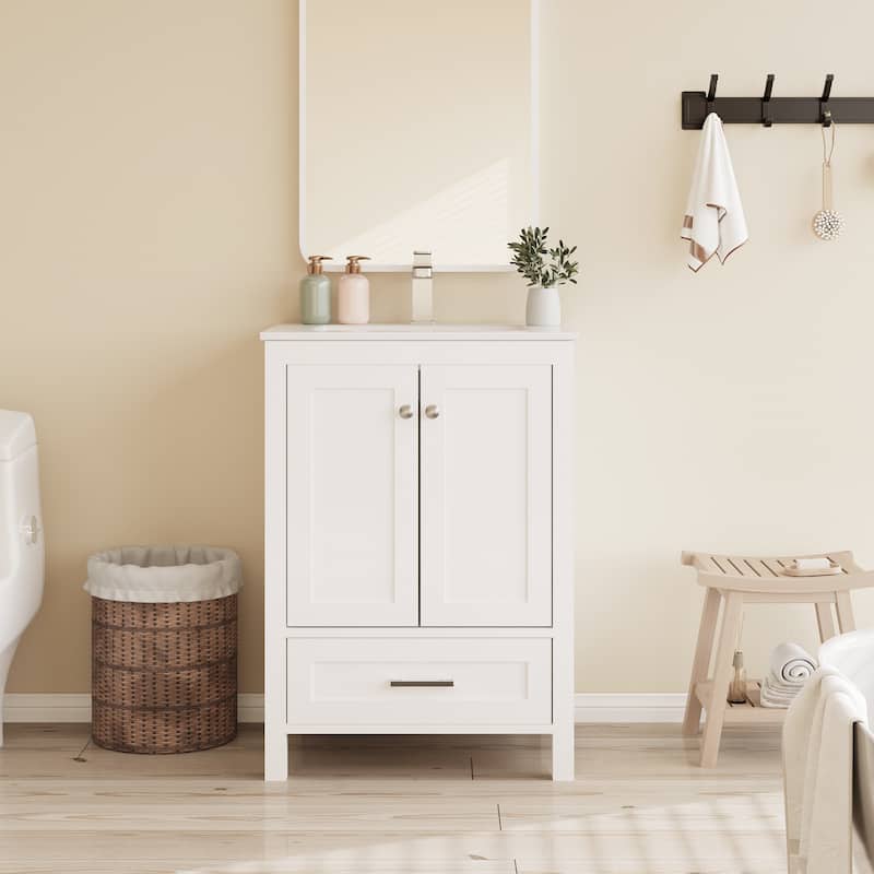 EROMMY All-in-One Bathroom Vanity with Ceramic Sink, Soft-Close Storage Cabinet & Drawer, Glossy Countertop, White
