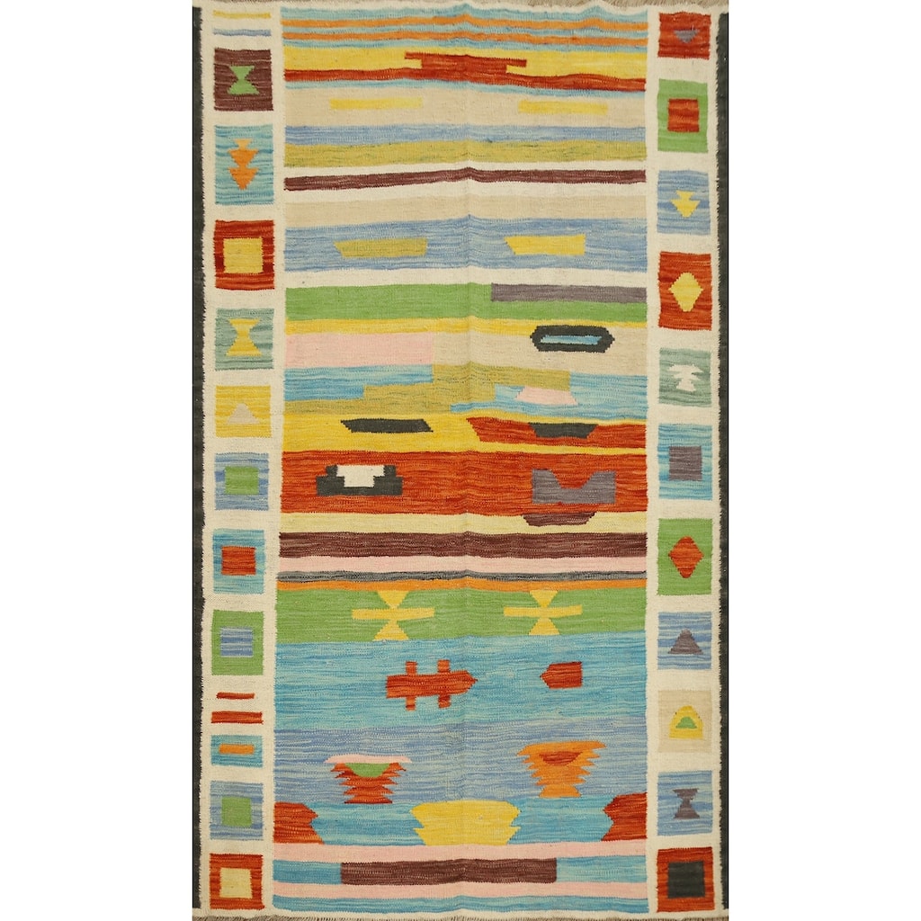 Hand Woven Oriental 100% Wool Carpet Southwestern Tribal Multi-Colored Kilim Area Rug - 6' 0'' X 3' 10''