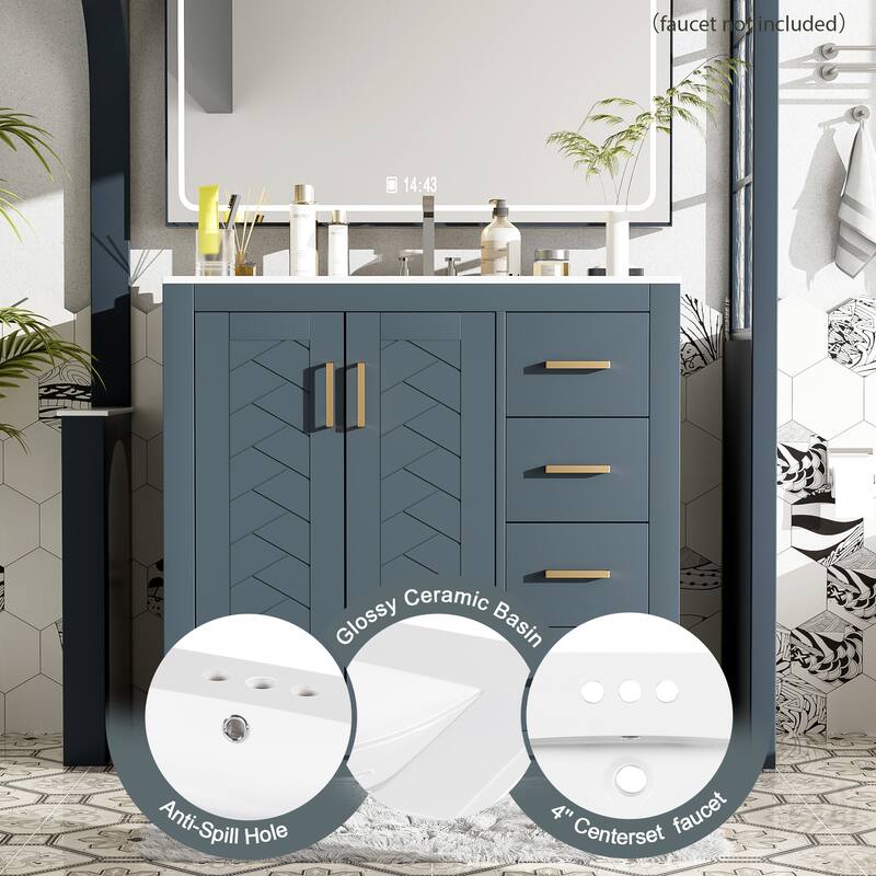 GDFStudio 36'' Bathroom Vanity with Ceramic Sink,Freestanding Vanity Set with 3 Drawers& Soft Closing Doors