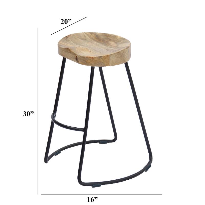 Ela 30 Inch Mango Wood Industrial Barstool, Saddle Seat, Iron Frame, Set of 2, Brown, Black