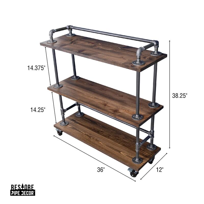 Restore by PIPE DECOR Industrial 3 Tier Solid Wood & Steel Pipe Bar Cart with Wheels
