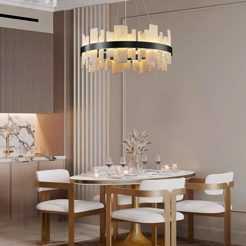 KAYLA 31 in. 8-Lights Drum Gold Chandelier With Alabaster Shade Chandelier