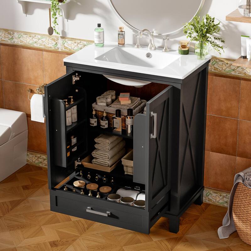 30" Bathroom Vanity - Solid Wood Frame, Single Sink, 2 Soft-Close Doors, Divided Drawer & Dual Storage Shelves
