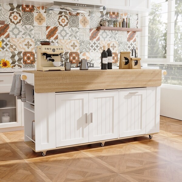 Extra Long Kitchen Island Cart with Dual Folding Tables, Trash Bin