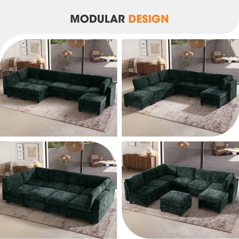 GDFStudio - Chenille Fabric 8-Seat 128" Modular Sectional Sofa with Storage & Solid Wood Frame