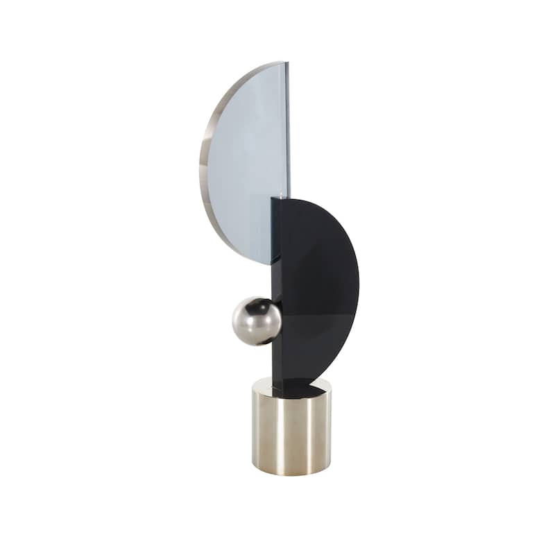 Black Glass Abstract Decorative Sculpture with Silver Orb and Base - Black
