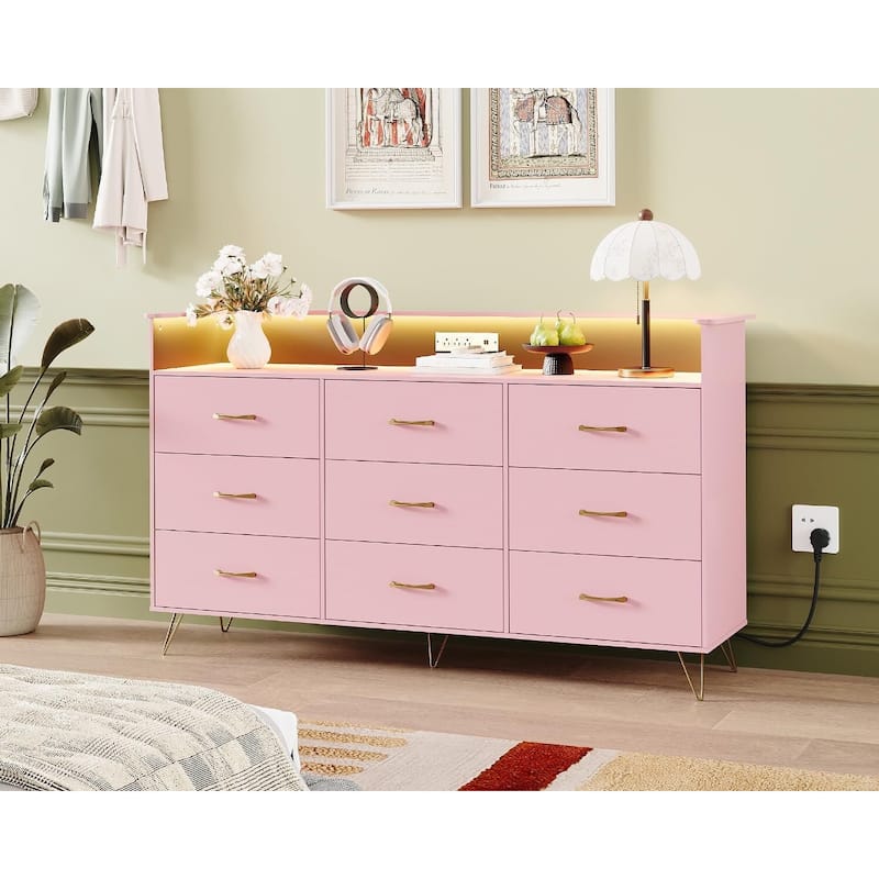 9-Drawer Dresser for Bedroom with Charging Station & RGB Lights - Pink